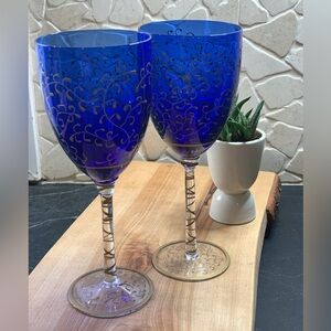 VINTAGE | Hand Painted Cobalt Glass Wine Glasses